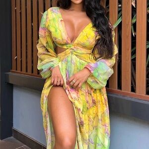 Fashion Nova Yellow and Green Maxi Dress